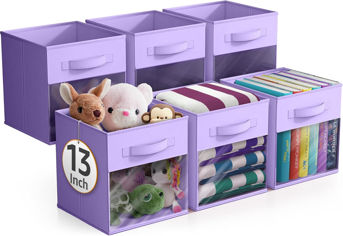 Sorbus 13 Inch Storage Bins with Clear Window - 6 Foldable Baskets for Organizing Clothes, Toys, Books - Sturdy Collapsible Fabric Storage Cubes with Handle - Storage Baskets for Shelves, Closets