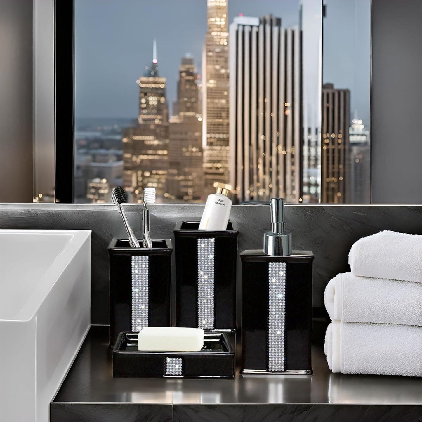 Bath Accessories Sets for Bathroom,Black Bathroom soap Dispenser Set,Ceramic Liquid Dispenser Pump, 2 Tumbler Cup,Soap Dish-Bathroom Home Decor Clearance (12 Ounce Black)