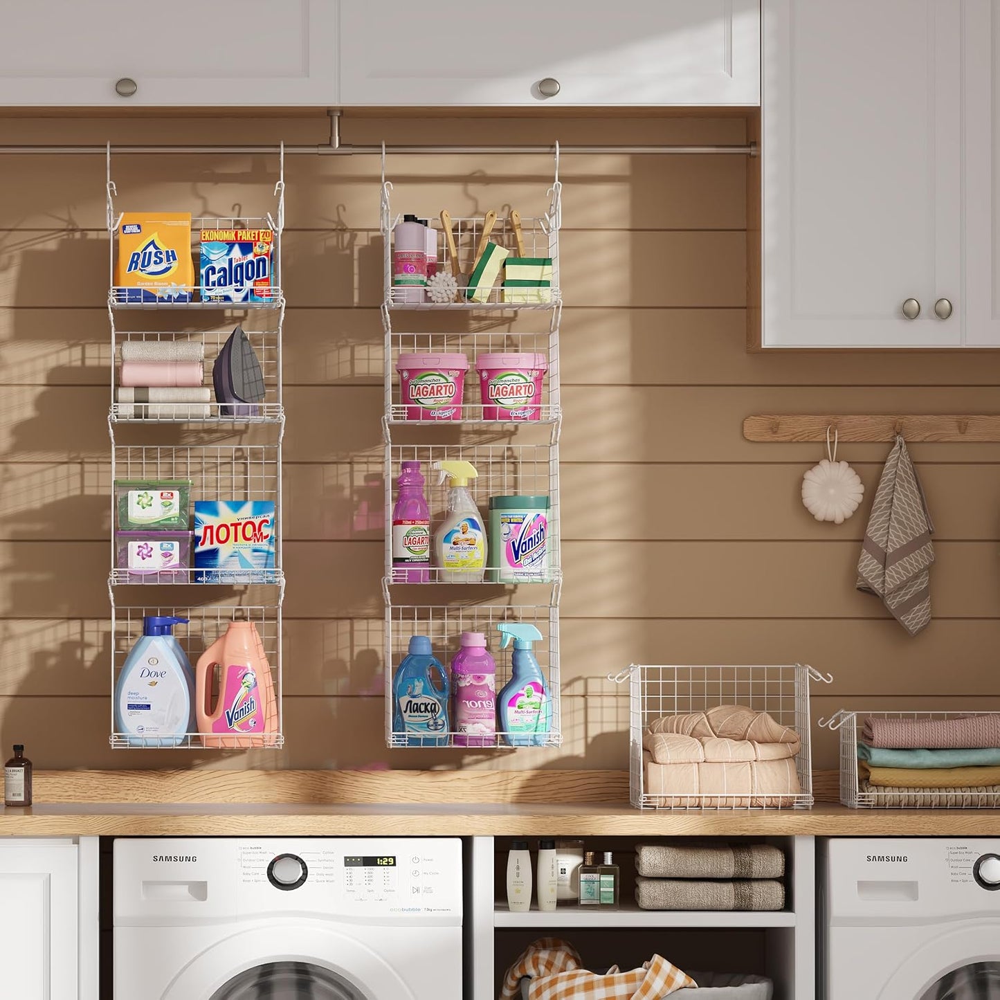 4-Tier Hanging Laundry Room Organizer: Foldable Wire Shelf Basket with 2 Large Hooks 1.65" & 360°Rotating Hooks – Space-Saving Laundry Storage Basket, for Wardrobe Closet Storage, White Patent