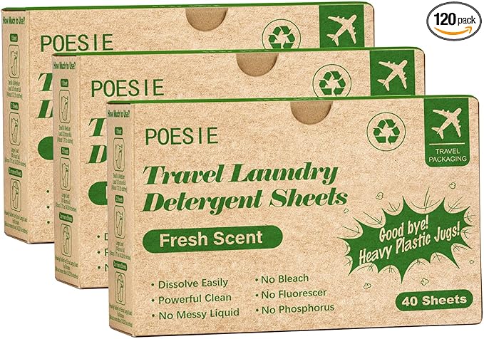 Poesie Travel Liquidless Laundry Detergent Sheets Portable Laundry Strips Travel Dorm Home Fresh Scent 3 Box Total 120 Sheets