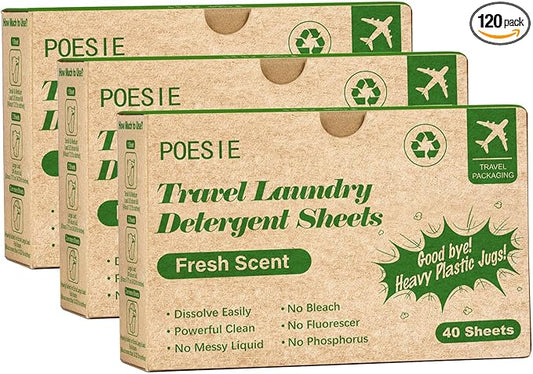 Poesie Travel Liquidless Laundry Detergent Sheets Portable Laundry Strips Travel Dorm Home Fresh Scent 3 Box Total 120 Sheets