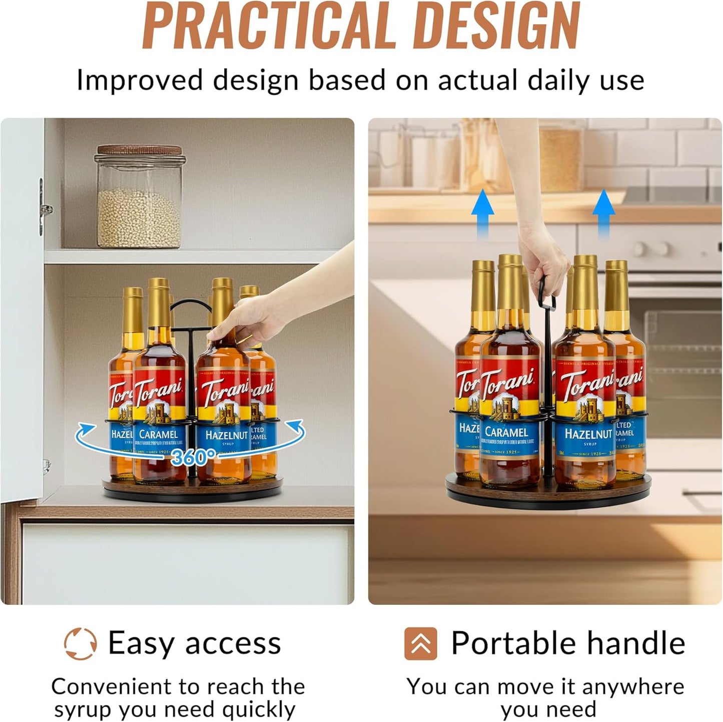 Rotating Coffee Syrup Organizer Hold 6 Bottles, Wood Coffee Syrup Rack for Countertop, Large Bottle Holder Stand for Bar Station, Turntable Wine Display Tray (Black - 6 Bottles)