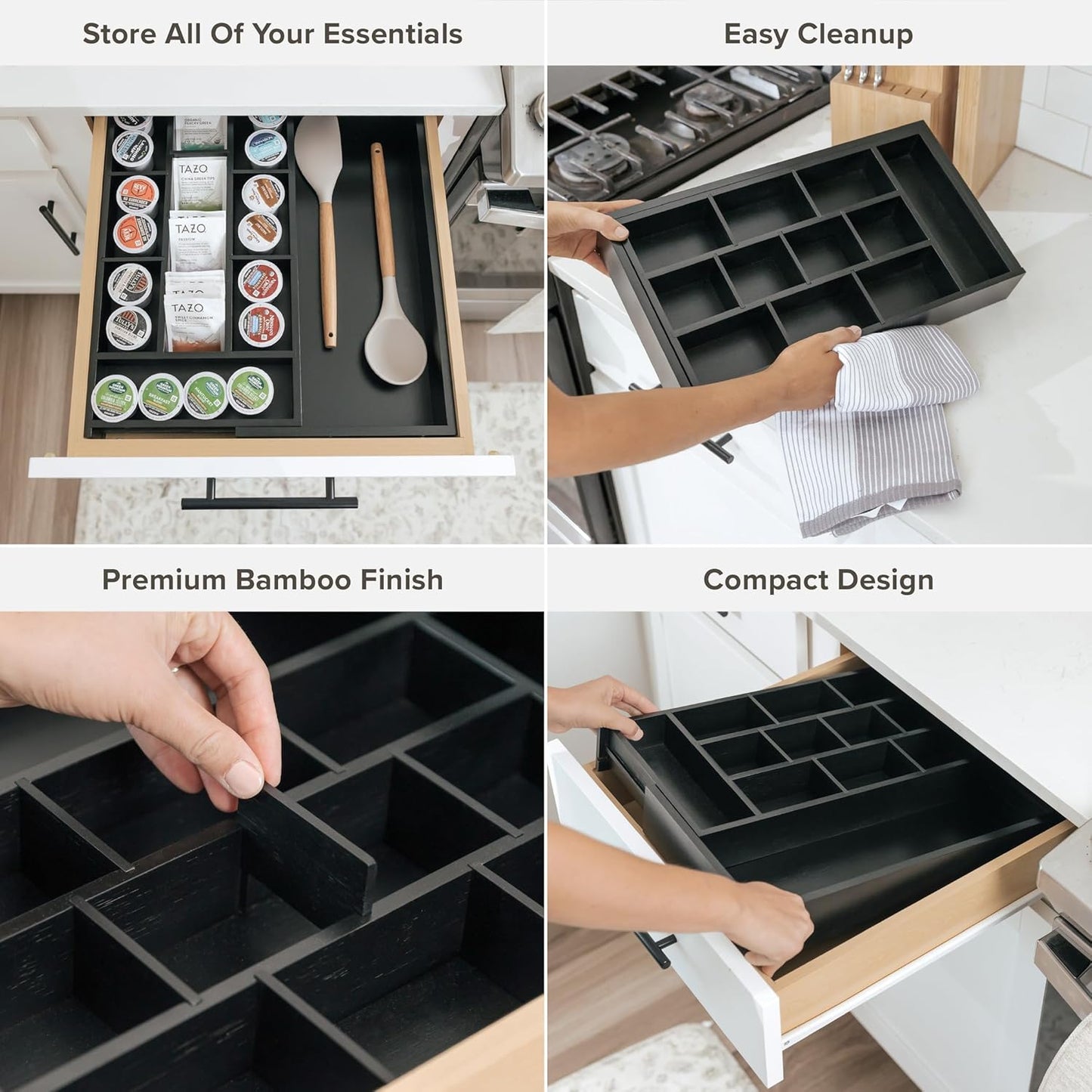KitchenEdge Tea Bag and Coffee Pod Kitchen Drawer Organizer, Expandable 9.7 to 17 Inches, 10 Storage Compartments, Adjustable Wall Inserts, Non-Slip Feet, Food-Safe Black Finish, 100% Bamboo Wood