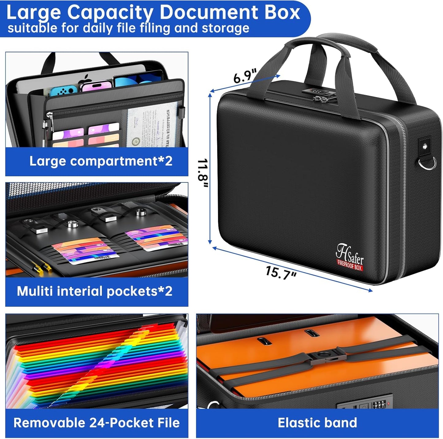5200℉ Fireproof Document Box with lock, Hard-Shell Case File Organizer with 24 Pocket Accordion File Folder, Portable Safe Box with Shoulder Strap for Home Important Documents Laptop Black