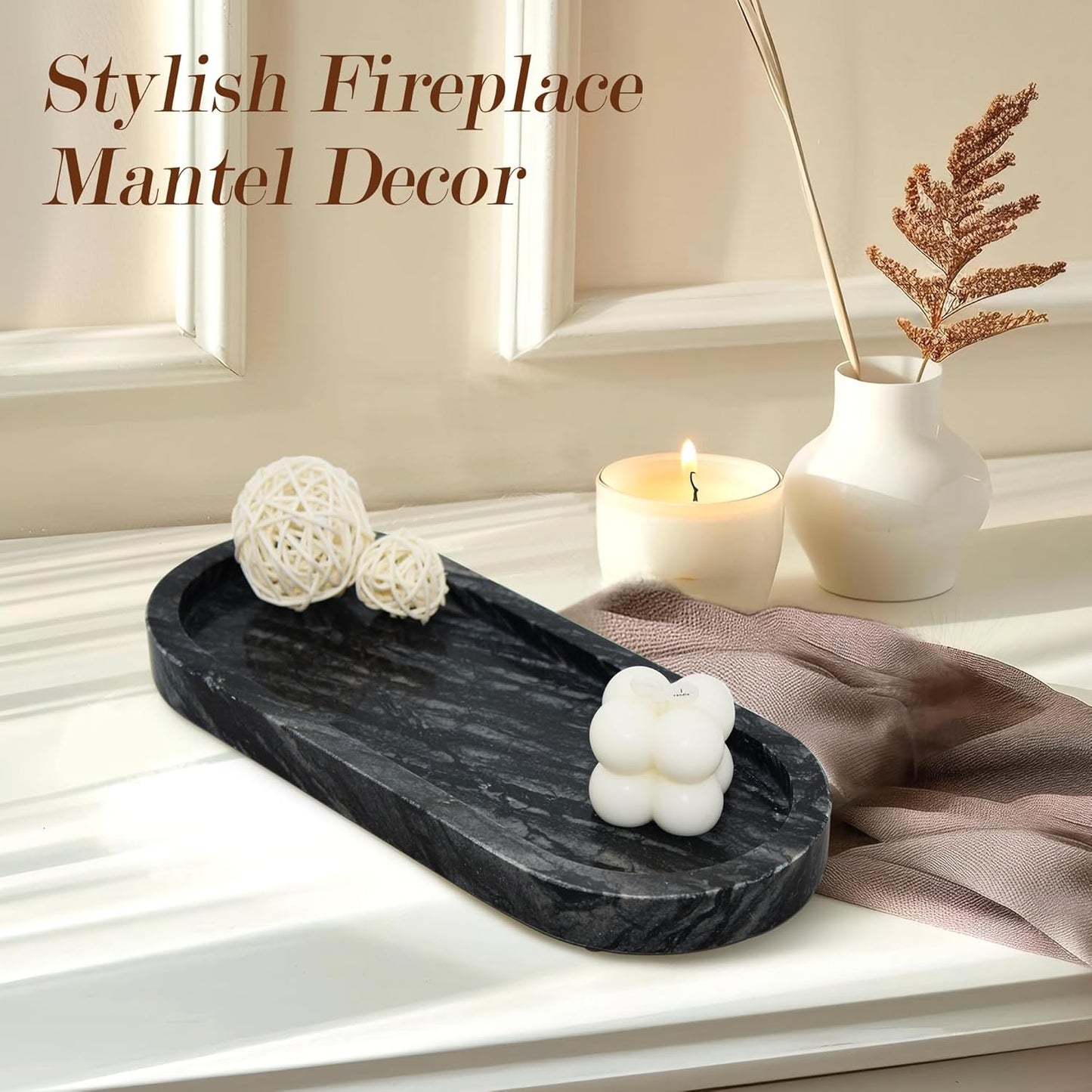 100% Real Natural Marble Tray for Bathroom, Luxury Ancient Wood Grain Stone Vanity Tray, Decorative Oval Trays for Countertop Storage Organizer, Vanity Dresser Kitchen Home Decor, Black