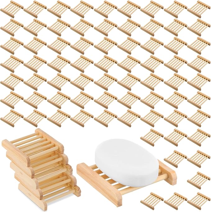 Amyhill 120 Pcs Bamboo Wood Soap Dish Bulk Bathroom Wooden Soap Holder Savers Self Draining Dishes Handcraft Tray, 3.3 x 3.3 x 0.67 Inch (Wood Color)