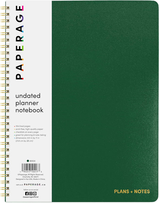 PAPERAGE Undated Daily Planner & To Do List Notepad (Dark Green), 8.5 in x 11 in, Spiral Bound Planner Notebook for Work, School or Home, 104 Lined Pages With Date Tracker for Plans & Notes
