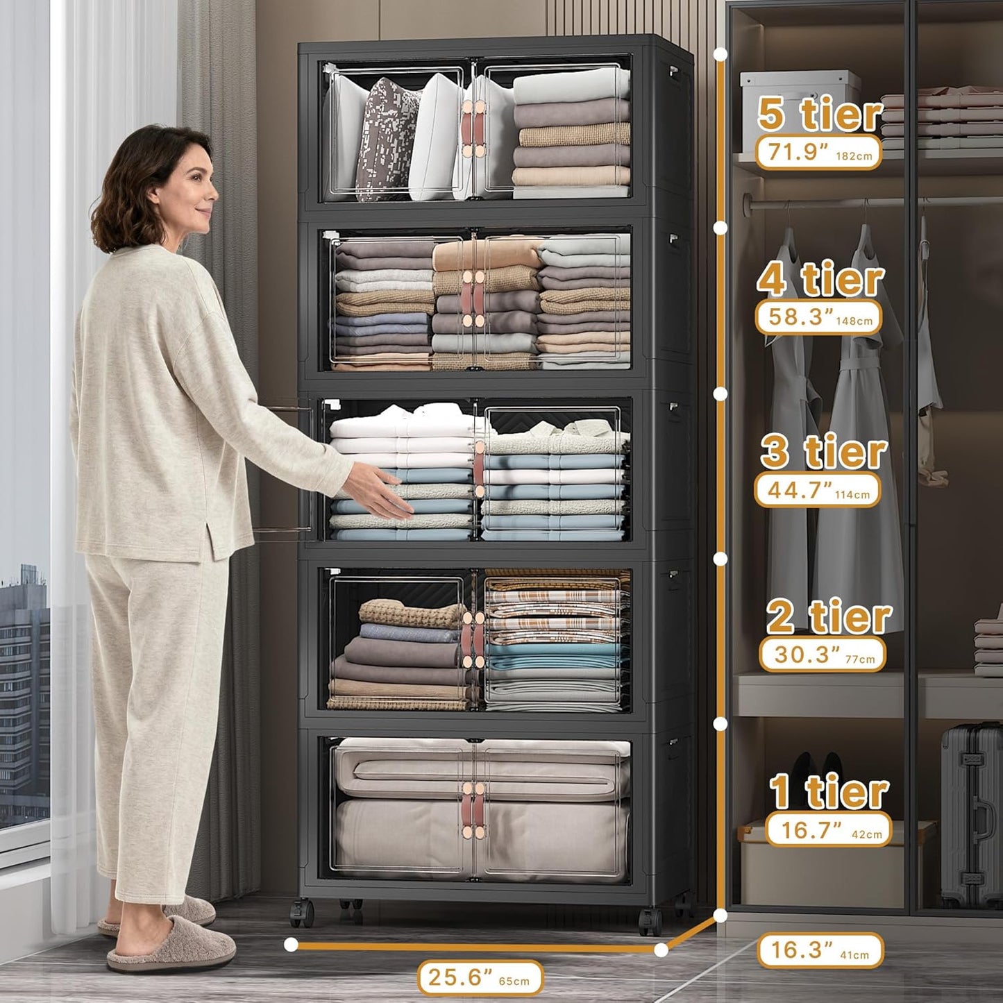 Extra Large Stackable Storage Bins with Lids & Wheels & Door, 560QT-112QT/28GAL*5Pack Foldable Collapsible Closet Organizers, Plastic containers drawers for bedroom Dorm