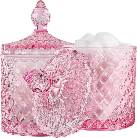 rejomiik 2 Pack Qtip Holder Glass Apothecary Jars with Lid for Bathroom Canisters Dispenser Decor, Storage Organizer for Cotton Swabs, Balls, Pads, Floss Picks, Candy, Pink