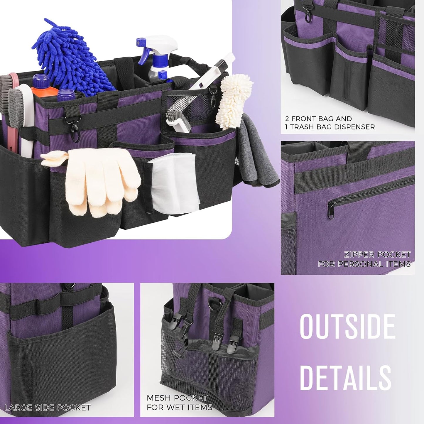 Wearable Cleaning Caddy, Cleaning Caddy Supplies Organizer with Handle & Shoulder Straps for Housekeepers, Under Sink & Car Cleaning Tool Organizers Bag with 4 Foldable Divider (Purple)