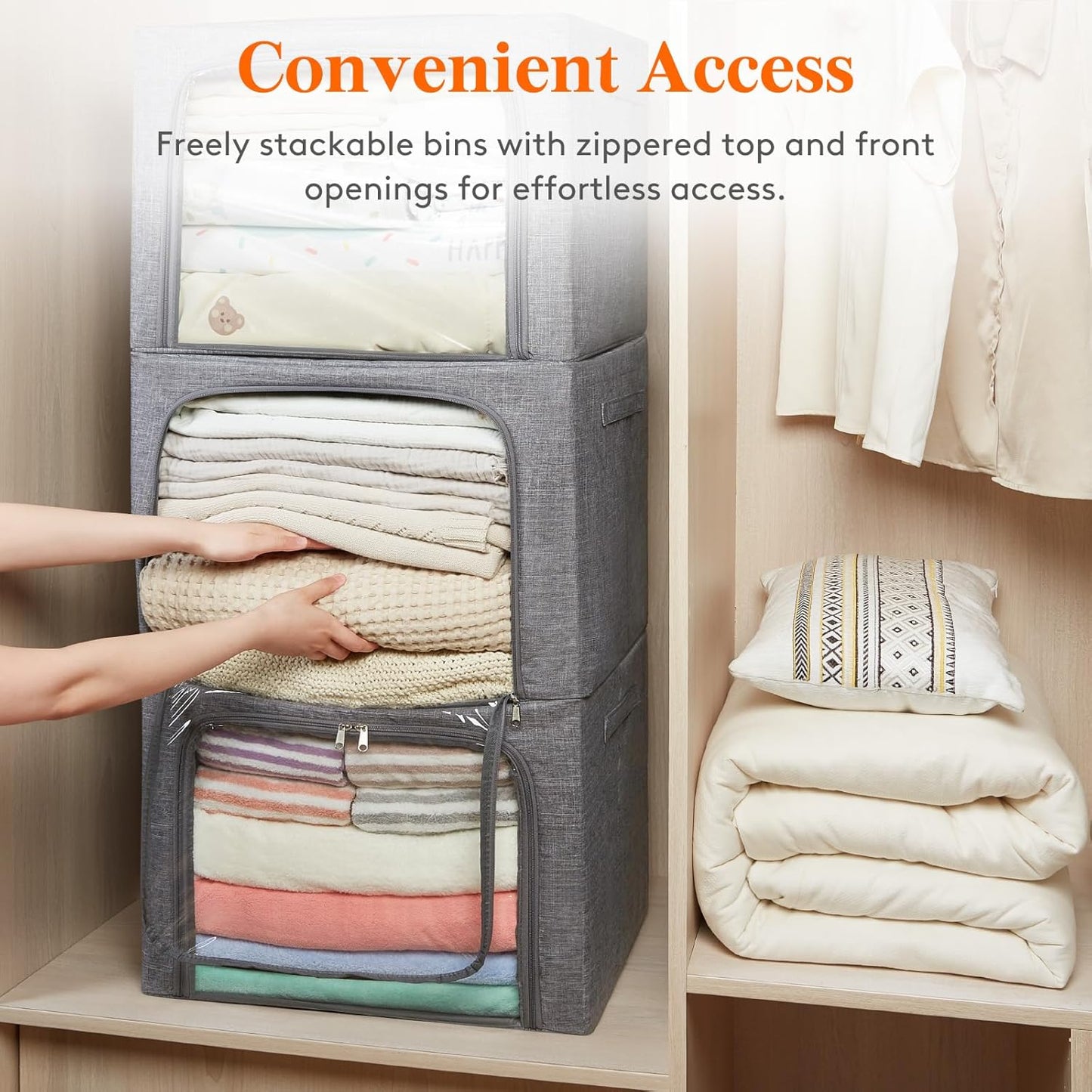 Lifewit Clothes Storage Bins with Metal Frame, Stackable Storage Box, Foldable Clothing Storage Bins with Lids, 100L Storage Bags Fabric Box Organizer with Clear Window＆ Zippers＆ Sturdy Handles 3 Pack