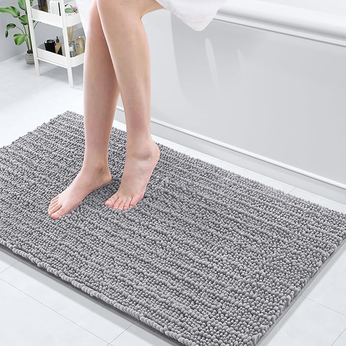 Arotive Luxury Chenille Bathroom Rug Mat, Extra Soft Thick Absorbent Shaggy Bath Rugs, Non-Slip Machine Wash Dry, Plush Bath Mats for Bathroom, Shower and Tub, 47x24, Grey