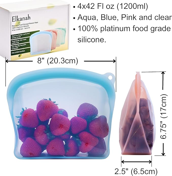 Elkanah Stand Up Food Grade Silicone Reusable Storage Bag Quart 42fl oz Freezer Bags Silicone for Food Storage bags oven Leakproof|Microwave|Oven|Sous Vide|Dishwasher safe set of 4