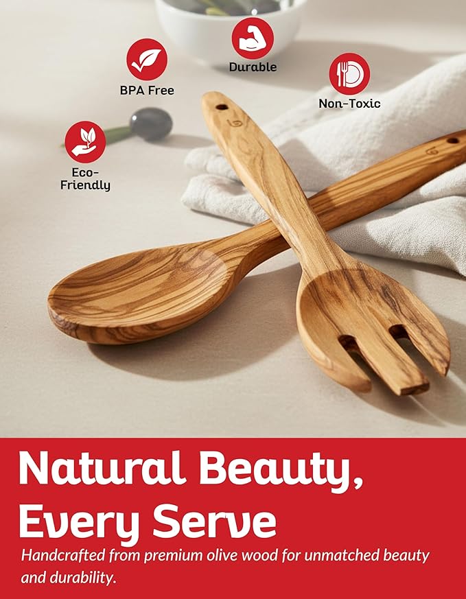 Olive Wood Utensil Set of 2 PCS – Handcrafted Wooden Spoon & Spatula – Natural Eco-Friendly Cooking Utensils, Nonstick Safe, Durable Kitchen Tools