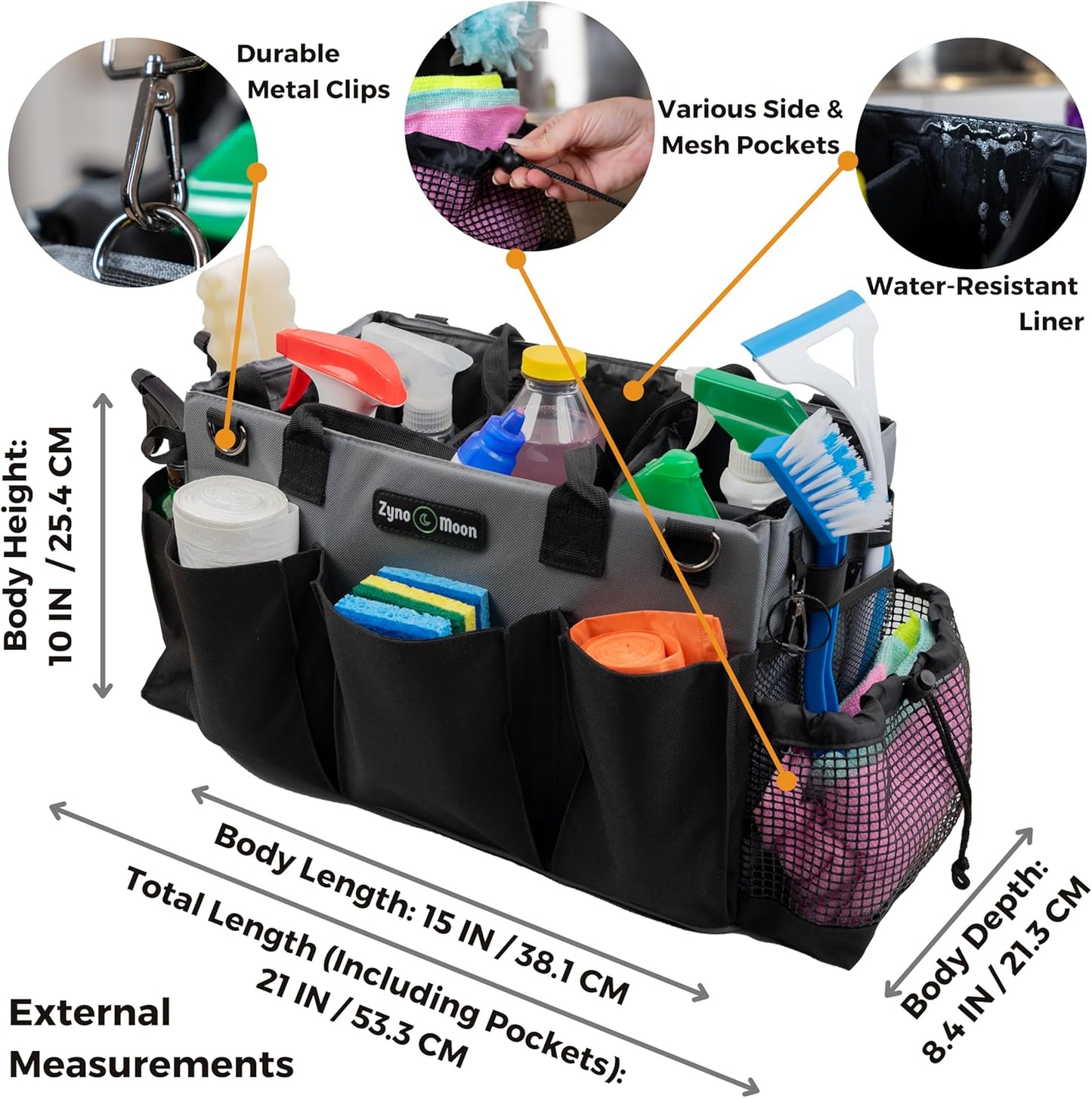 Wearable Cleaning Caddy – Portable Detailing Organizer with Spill-Proof Liner, Straps & Handles – Large Tote for Cleaning Pros, Auto Detailers, and Housekeepers – Black/Gray