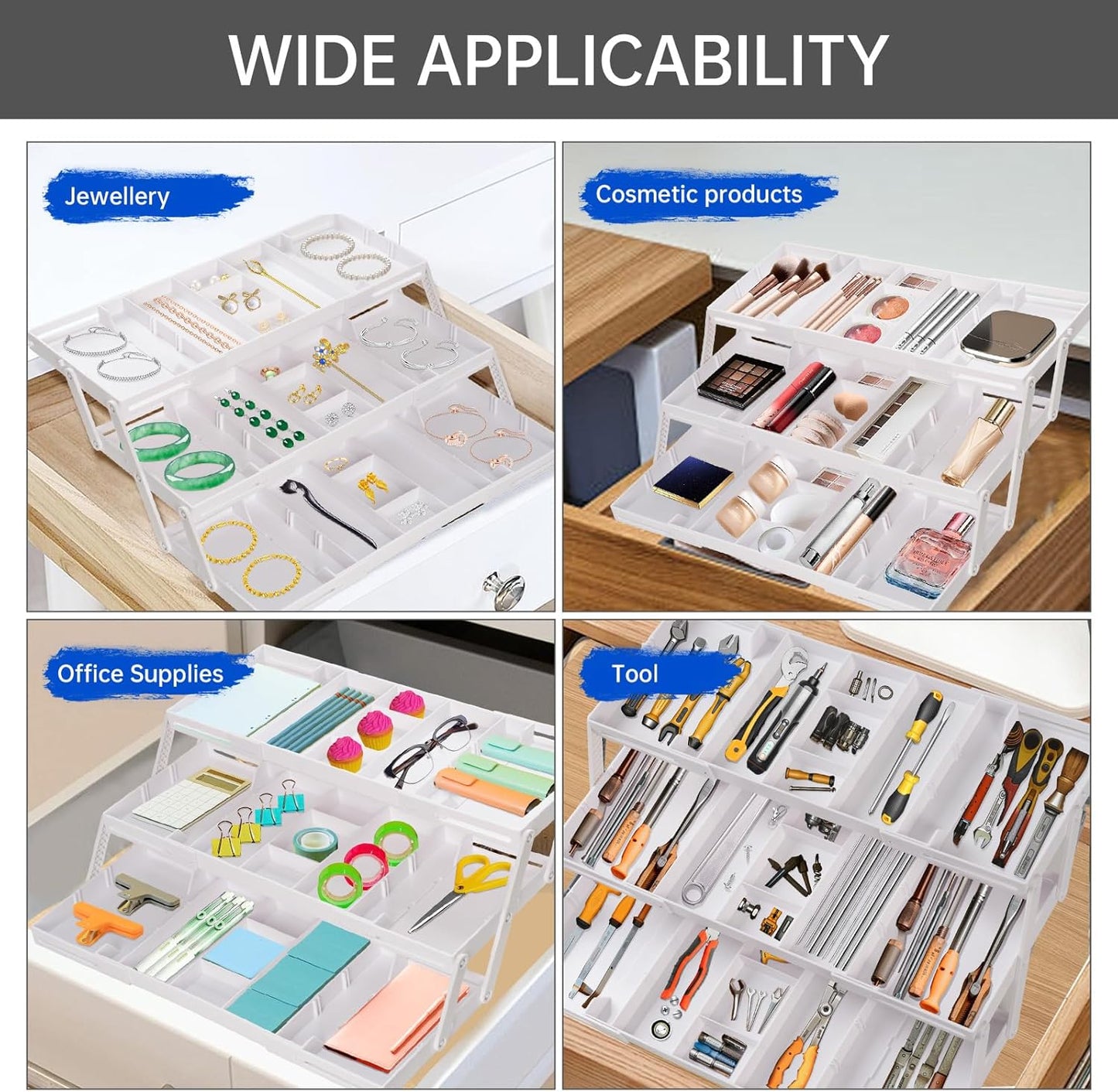 Smart Drawer Organizer Multi Level, Adjustable Folding Junk Drawer Organizer For Kitchen, Bathroom, Office, And Bedroom – Space-Saving Makeup Organizer (White)