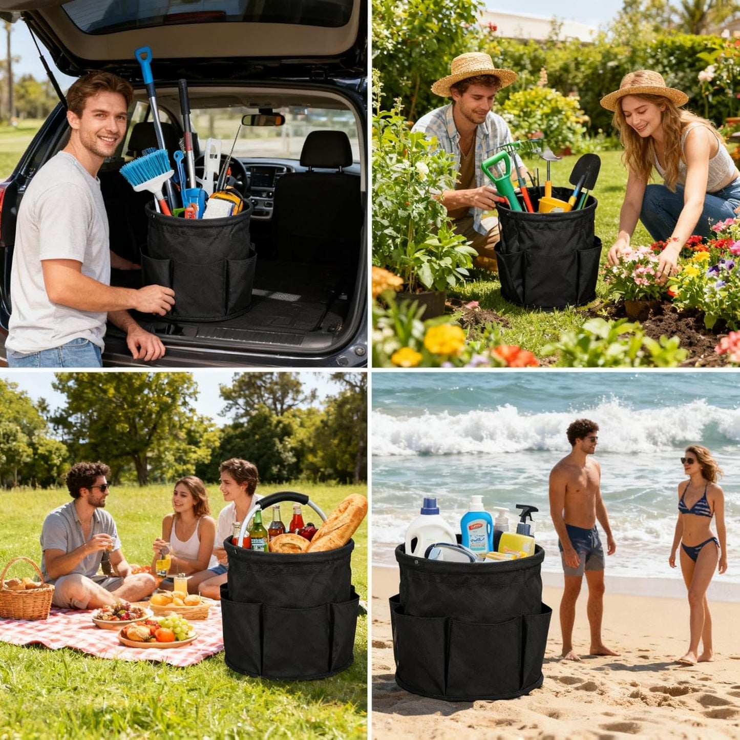 17L Foldable Cleaning Caddy with Handle - Portable Duty Tool Bag Cleaning Supply Organizer, Multi-Compartment Cleaning Bucket Storage Basket for Home Kitchen Bathroom (Black)