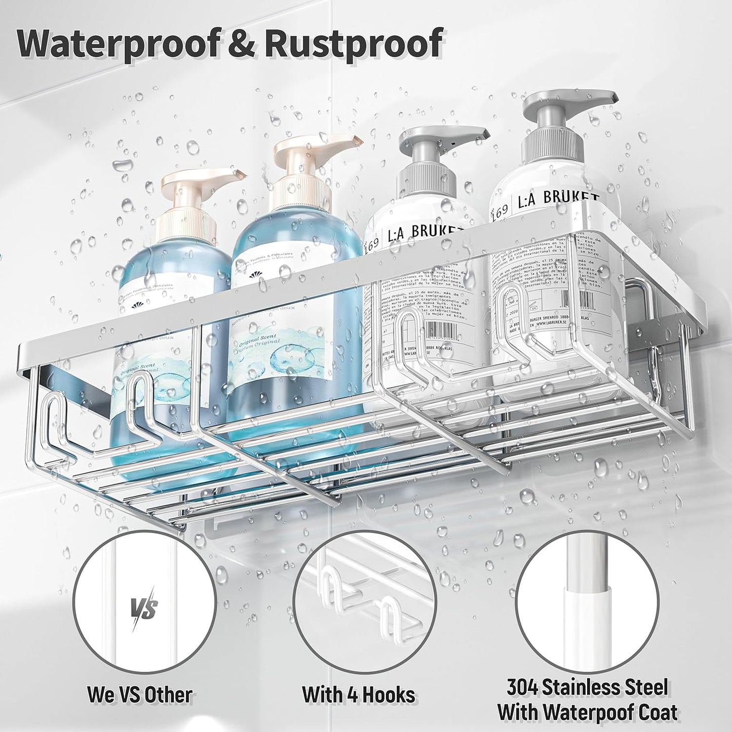 10 Pack Shower Caddy Organizer Rack Shelf for Inside Shower, Self Adhesive Wall Storage Basket Rustproof Stainless Steel Shampoo Holder Bathroom Accessory Decor Set, Silver