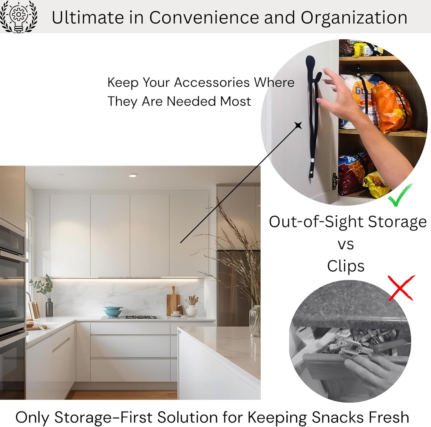 Luxes- Cabinet Kit | Band & Mount System-Keeps Snack Bags Fresh | Luxury Cabinet/Pantry Organizing Curated Set | Premium Adjustable Bands (5ct) + Storage Hook | Chip Clips Bag Bands System (Black)