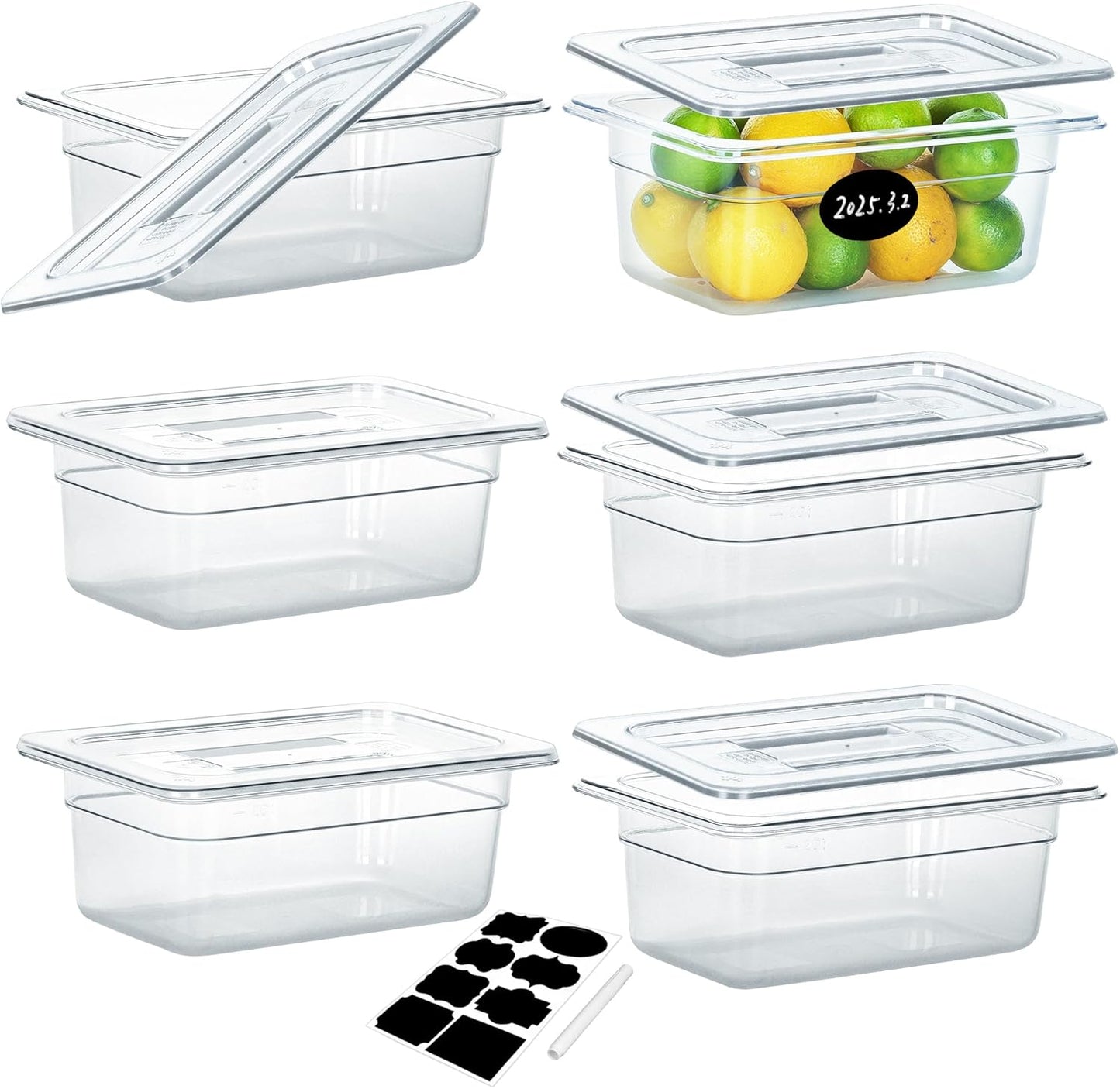 6 Pack NSF Food Pans with Lids, 1/4 Size 4'' Deep Commercial Food Storage Containers, Polycarbonate, Clear