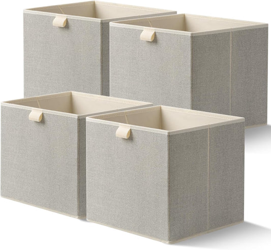 Storage Baskets, 11.8-Inch Woven Fabric Bins, Storage Cubes with Reinforced Handles, Organizer Bins for Closet Shelves, Foldable, for Toys, Clothes, Natural Beige (4PCS/Beige-11.8*11.8*11.8inch)