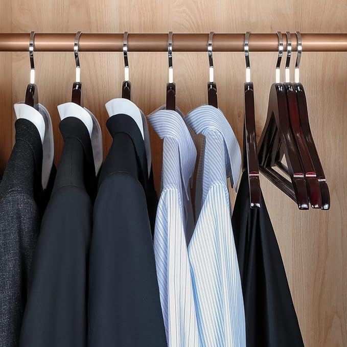 TOPIA HANGER Luxury Wooden Suit Hangers for Closet - Cherry Wood With Extra Thick Hook and Non-Slip Pants Bar, Heavy Duty Coat Hangers With Notches for Shirts - 16 Pack CT01M