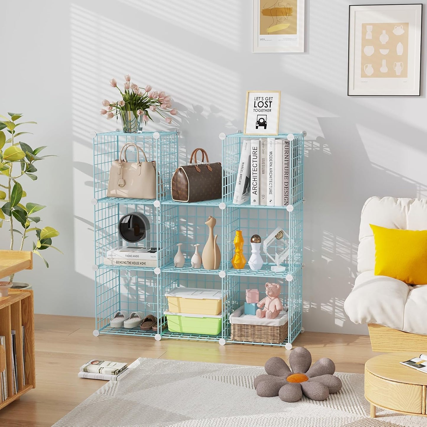 C&AHOME Wire Cube Storage, 9 - Cube Organizer Metal C Grids, Modular Shelves Units, Closet Organizer, Ideal for Home, Office, Living Room, 36.6”L x 12.4”W x 48.4”H, Blue UWCS3009B