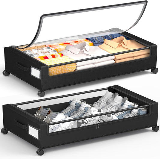Under Bed Storage With Wheels, 2 Pack Square Containers, 60L Bins, Rolling Metal Drawer for Clothes, Blankets, Shoes