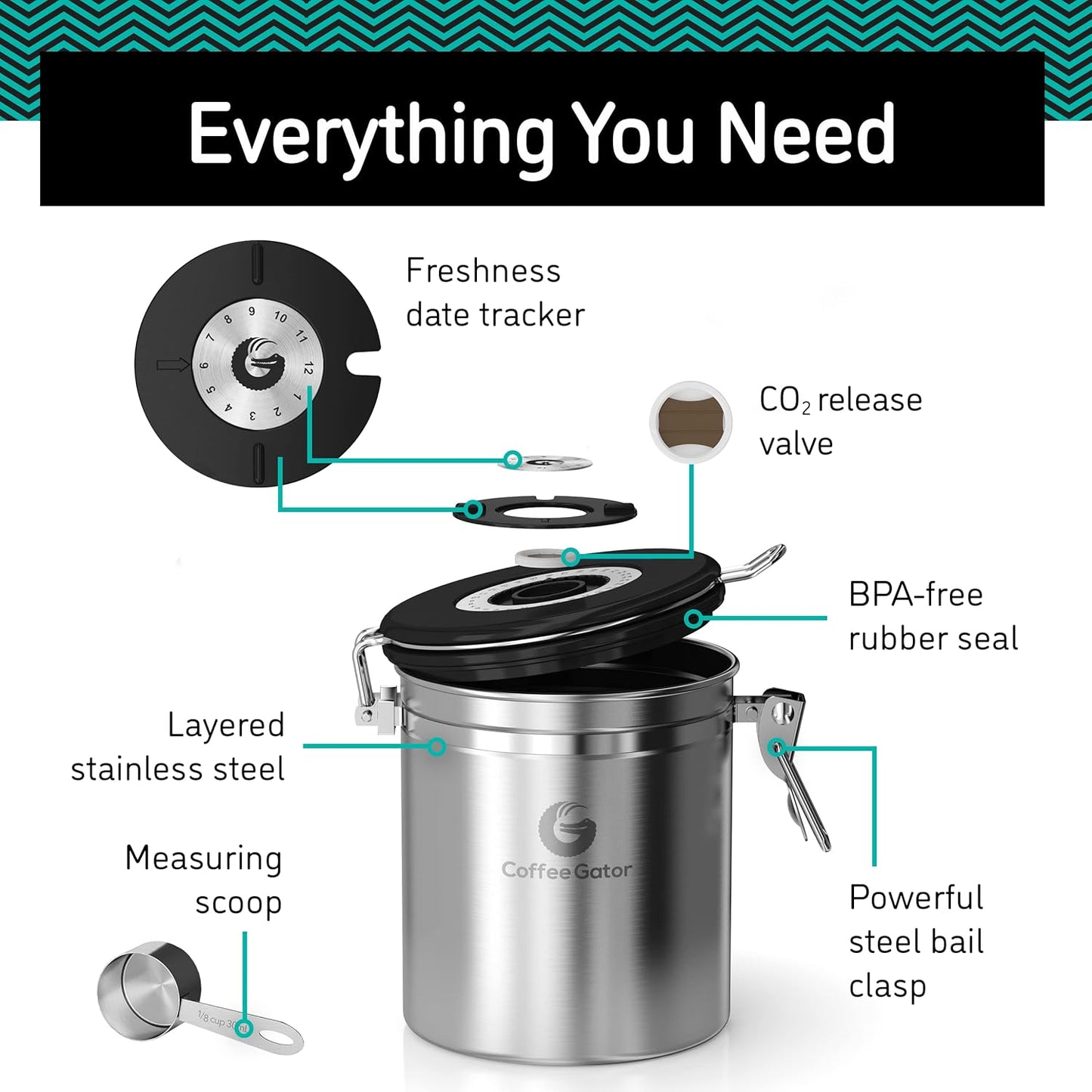 Coffee Gator Coffee Canister - 22oz, Airtight Stainless Steel Kitchen Food Storage Container with Date Tracker, Scoop for Grounds Coffee Bar Accessories, Beans, Tea, Sugar, Flour, Cereal - Silver