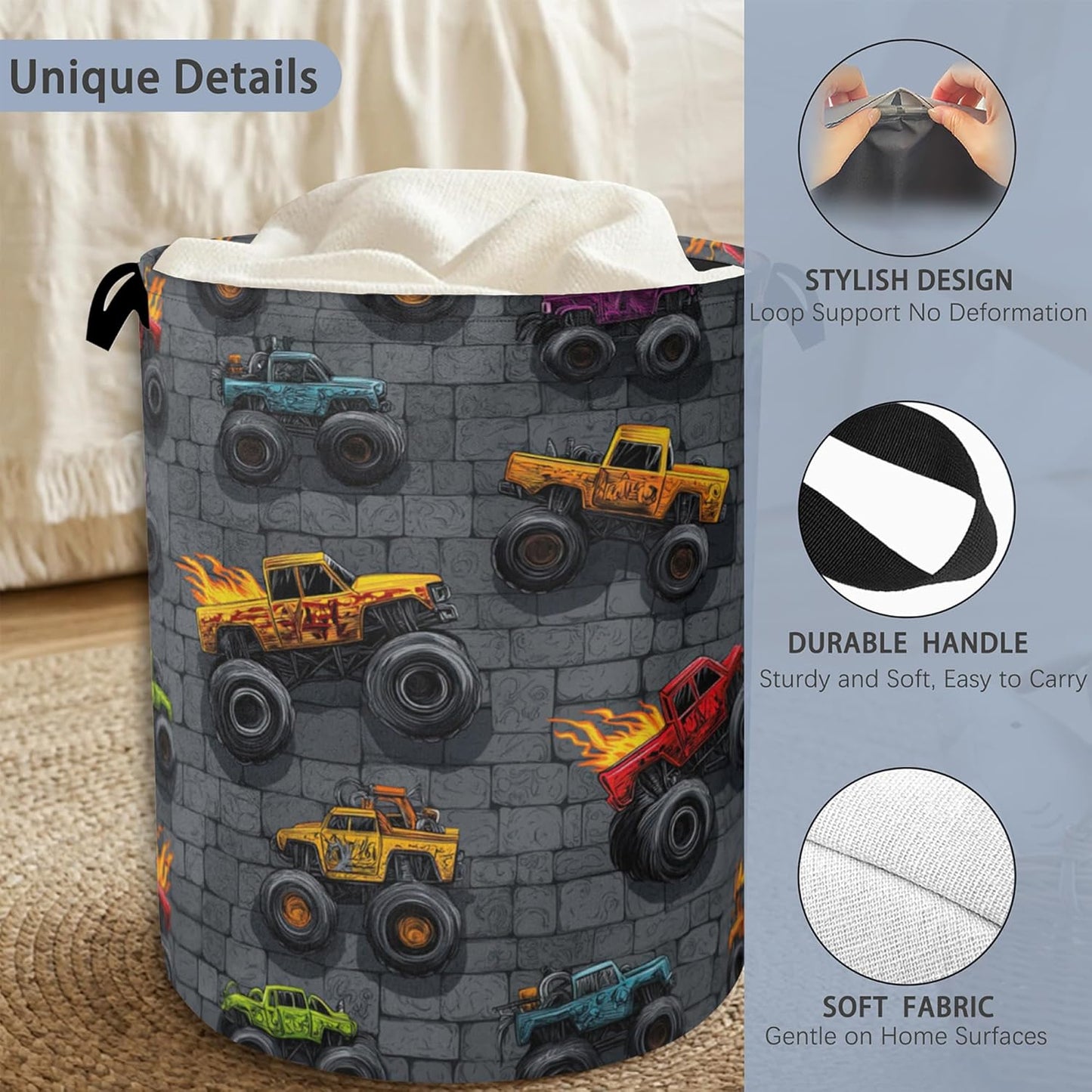 Funny Cars Laundry Basket,Foldable Oxford Cloth Tote Bag Laundry Hamper Clothes Storage Bucket Organizer for Bedroom Laundry Storage Dormitories 16" x 20.8"