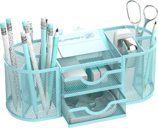 SUPEASY Mesh Desk Organizer, Desk Organizers and Accessories, Pen Holder with Drawers, Pencil Holder for Desk with 2 Drawer for Office Supplies, Blue