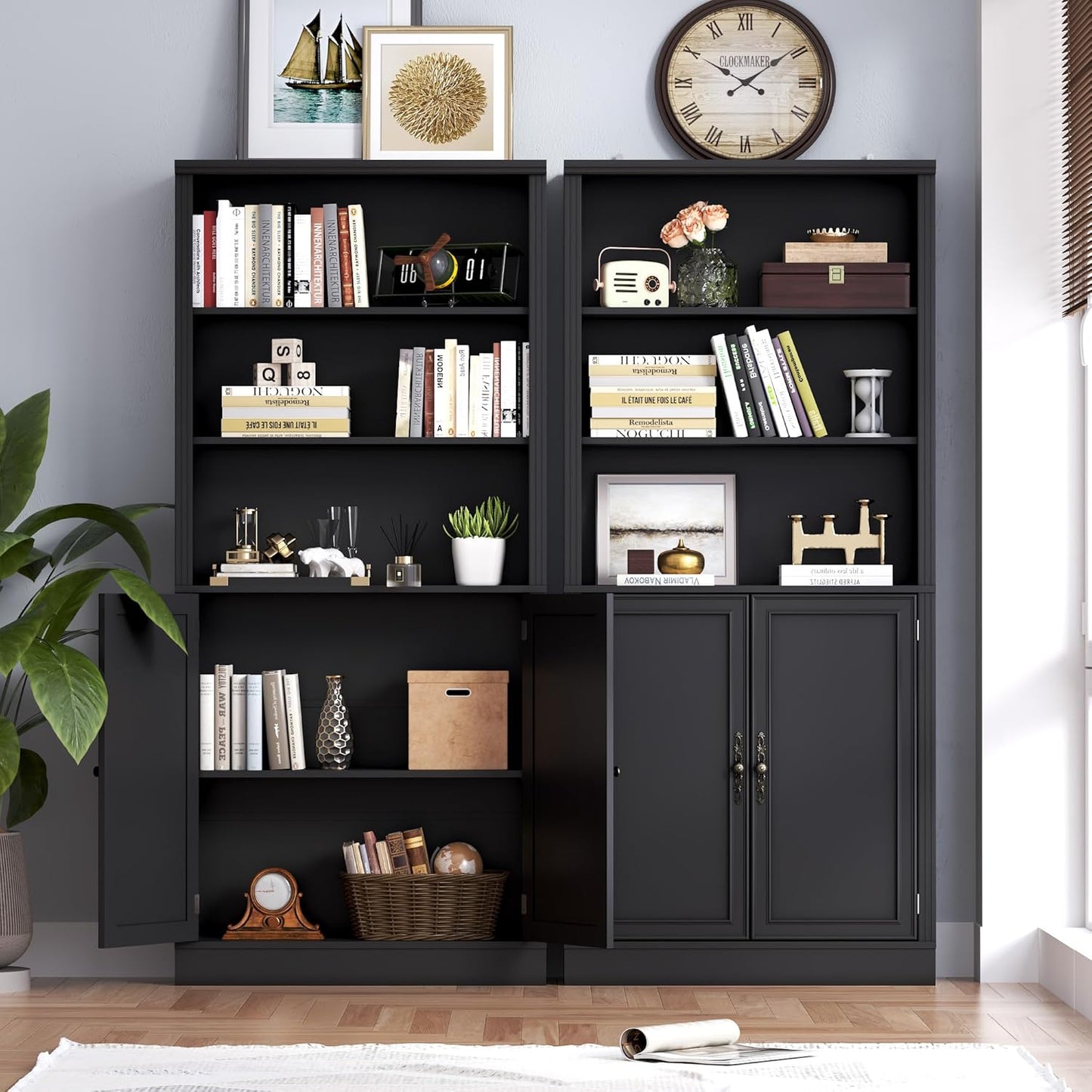 71.4" Tall Bookshelf with Cabinet, 5-Tier Floor Standing Bookcase with Doors & Adjustable Shelves, 31.5" Wide Storage Shelf, Metal Handles, Modern Organizer for Home Office, Living Room
