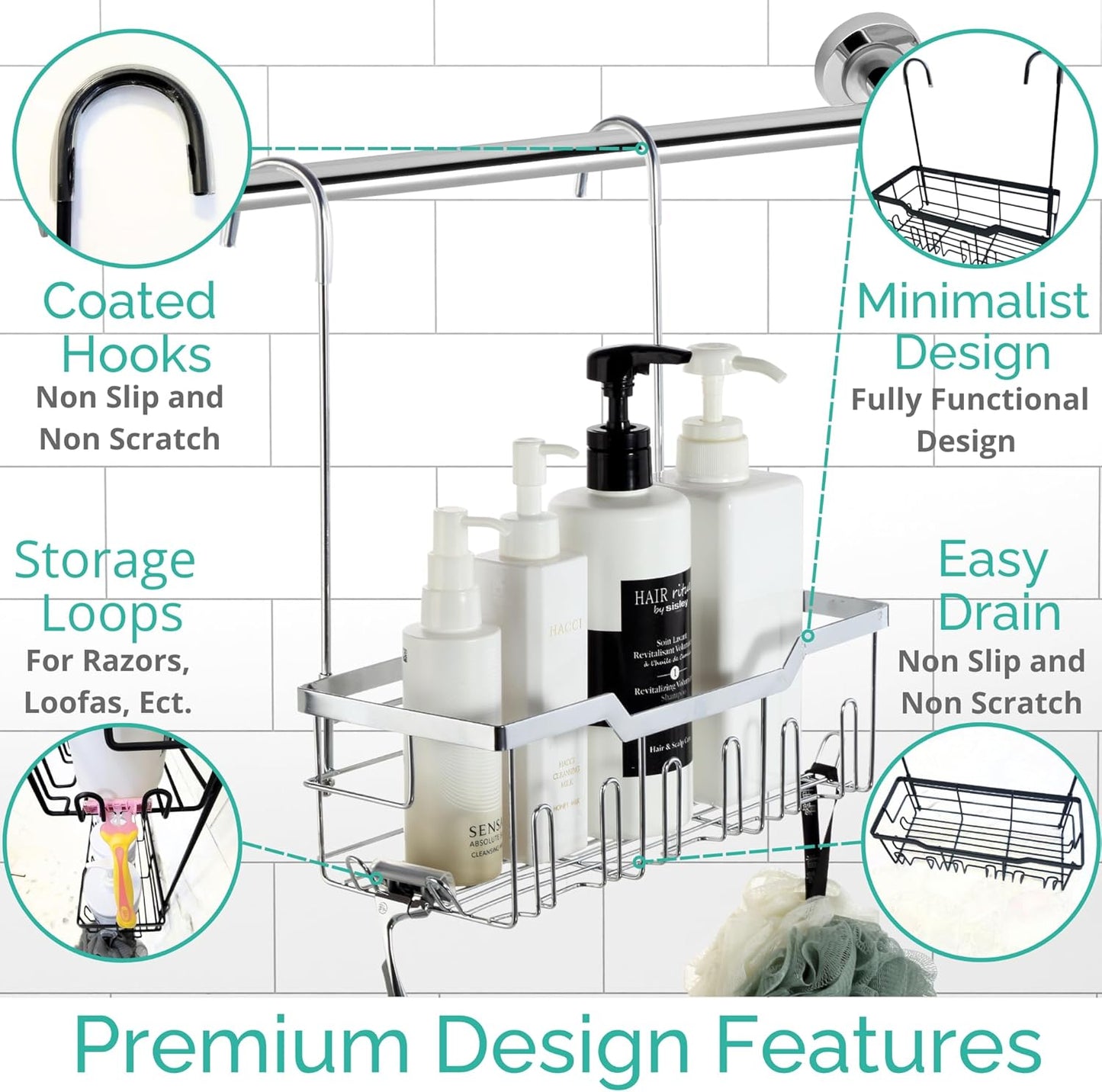 Small Shower Caddy Hanging - Shower Door Caddy Hanging with Rotatable Hooks and Adhesive Mount - Perfect for Bathroom Toiletries - Spacious & Convenient Bathroom Storage Solution 304 Stainless Steel