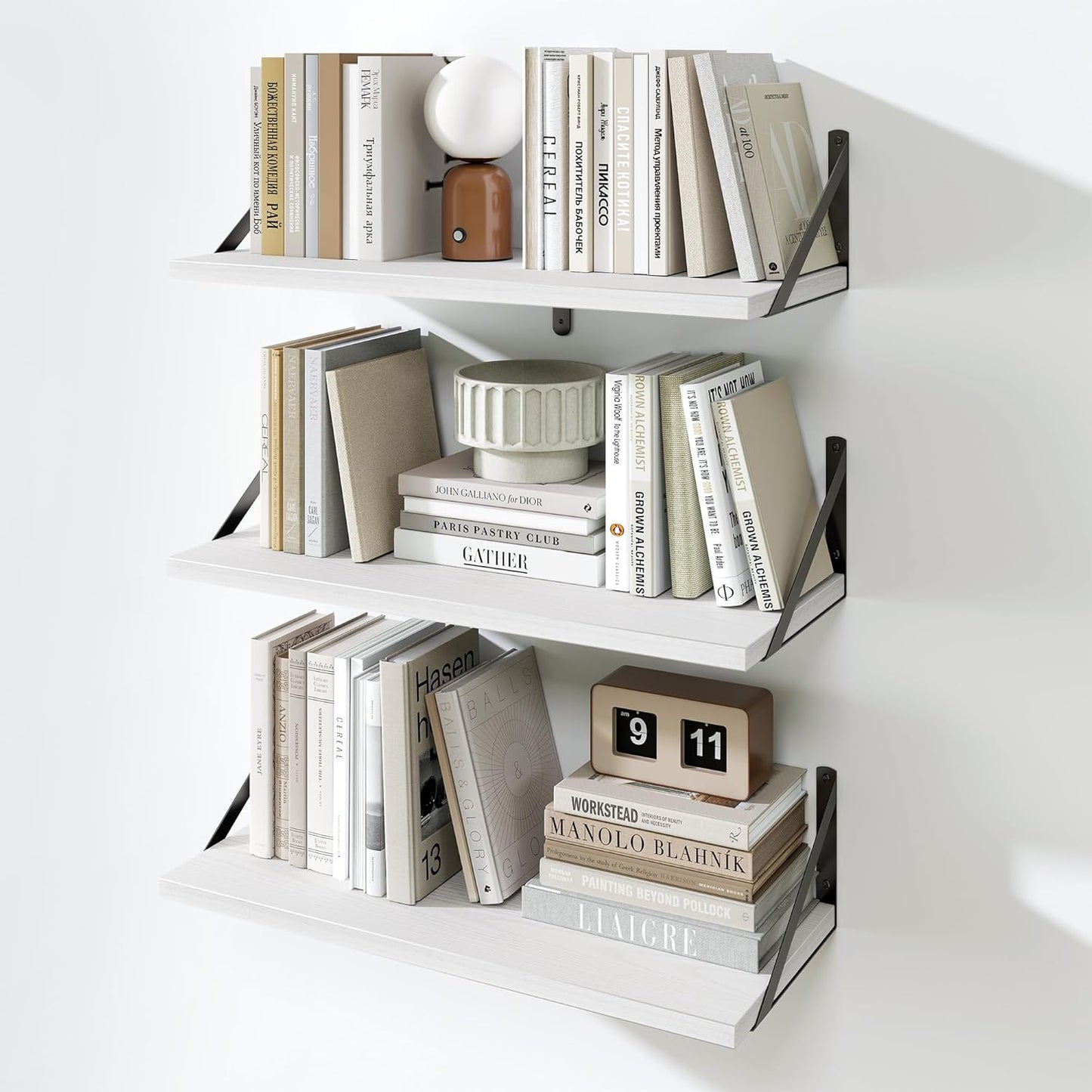 Fun Memories Floating Bookshelves, Set of 3 Wall-Mounted Wood Shelves 24" W x 8" D, Decorative Wall Shelf for Living Room, Bedroom, Bathroom, and Laundry Room (White)