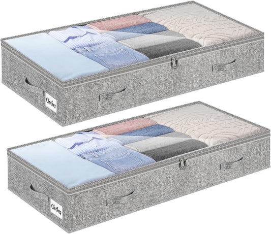 2 Pack 100L Under Bed Storage Containers, Low Profile Closet Organizers and Storage Bins for Dorm, Foldable Underbed Bag for Clothes, Blanket, Sheets, Wrapping Paper, Clear Window & Dual Zippers, Grey