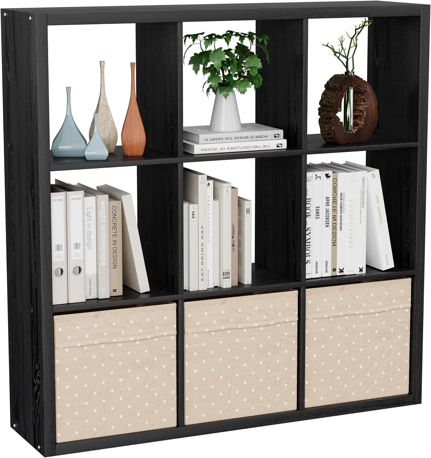 Cube Storage Organizer Bookcase, Decorative 11 inch Open Back Cubical Shelf with Thickened Border, Display Bookshelf for Living Room, Home Office, Sturdy Room (Black, 9 Cube)