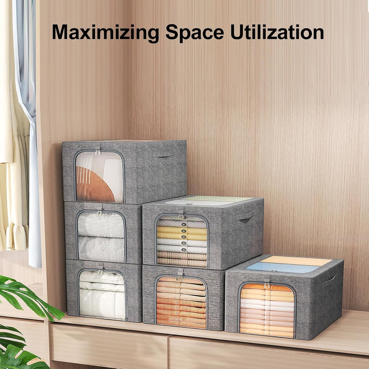 GoMaihe Clothes Storage Bins Metal Frame: 3-Pack Compact Stackable Closet Storage Bin with Lid & Clear Window, Space Saving Organizer for Sweaters Kids Clothes (Dorm/Closet 27L)