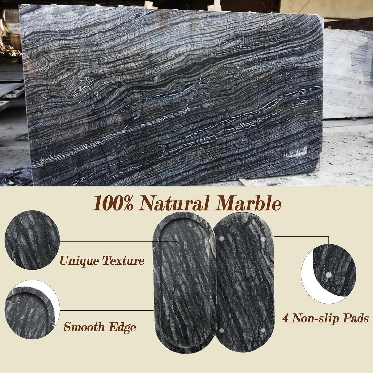 100% Real Natural Marble Tray for Bathroom, Luxury Ancient Wood Grain Stone Vanity Tray, Decorative Oval Trays for Countertop Storage Organizer, Vanity Dresser Kitchen Home Decor, Black
