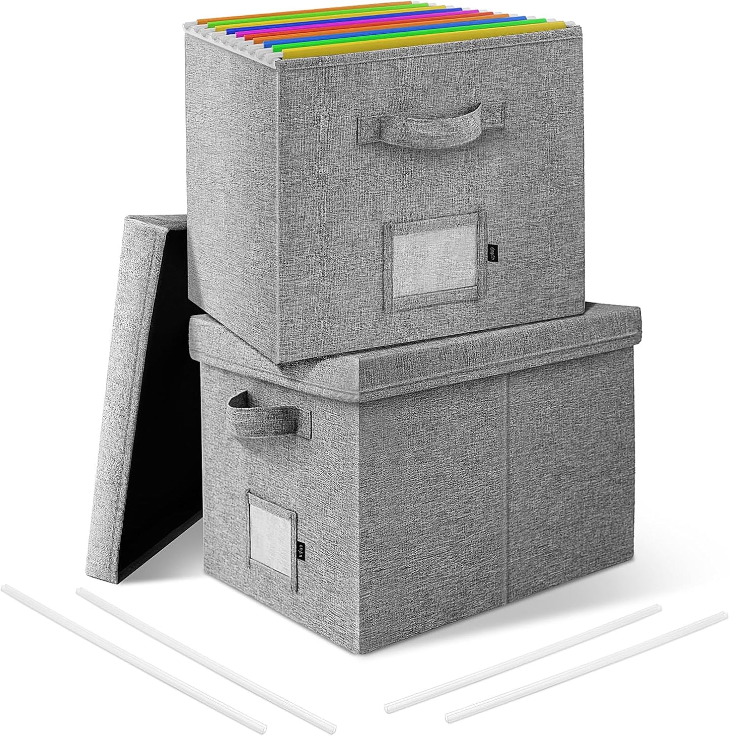 File Organizer Boxes with Lid, Linen Hanging File Storage Boxes with Handle, Collapsible Document Filling Boxes for Letter/Legal Folder, Portable File Box for Office/Decor/Home (2 Pack, Gery)
