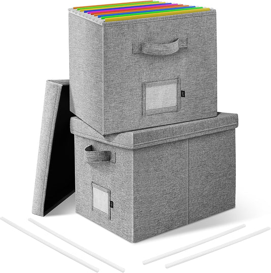 File Organizer Boxes with Lid, Linen Hanging File Storage Boxes with Handle, Collapsible Document Filling Boxes for Letter/Legal Folder, Portable File Box for Office/Decor/Home (2 Pack, Gery)