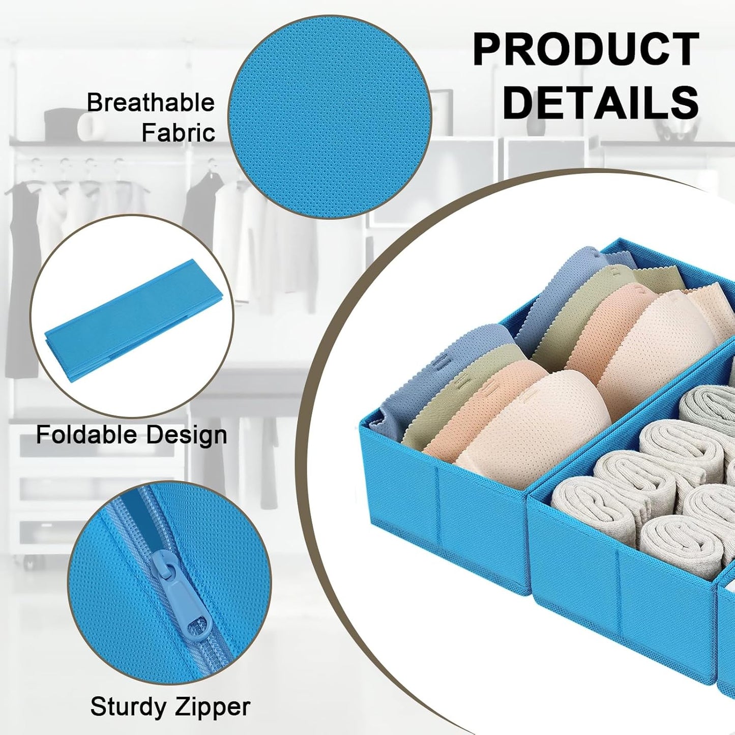 DIMJ Drawer Organizers - Set of 4 Fabric Closet Organizers and Storage, Drawer Dividers for Baby Clothes, Socks, Belt, Tie (Blue)