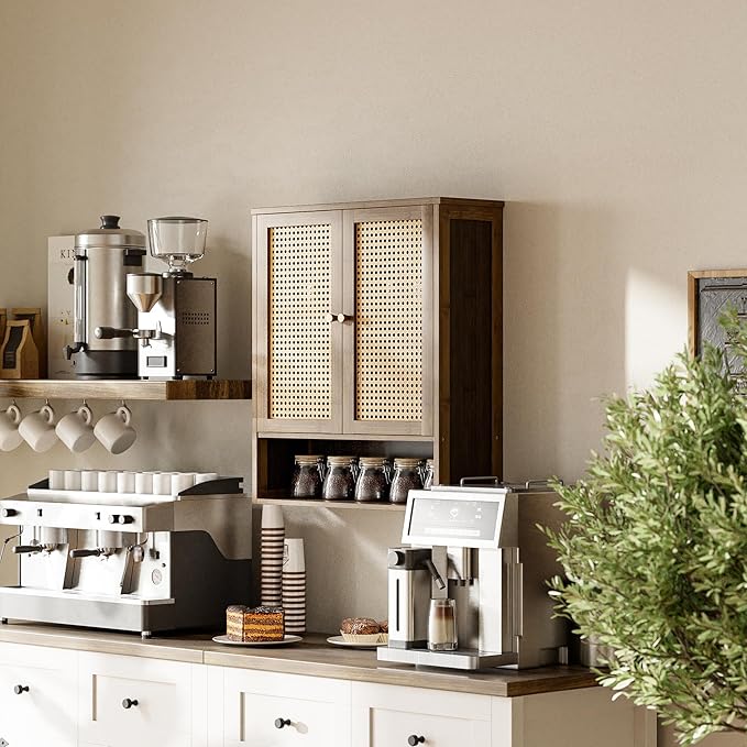 HITNET Bamboo Medicine Cabinet, Wall Mounted Bathroom Cabinet with Adjustable Shelf, Double Rattan Door Hanging Storage Organizer Over Toilet for Entryway, Laundry Room (Walnut)