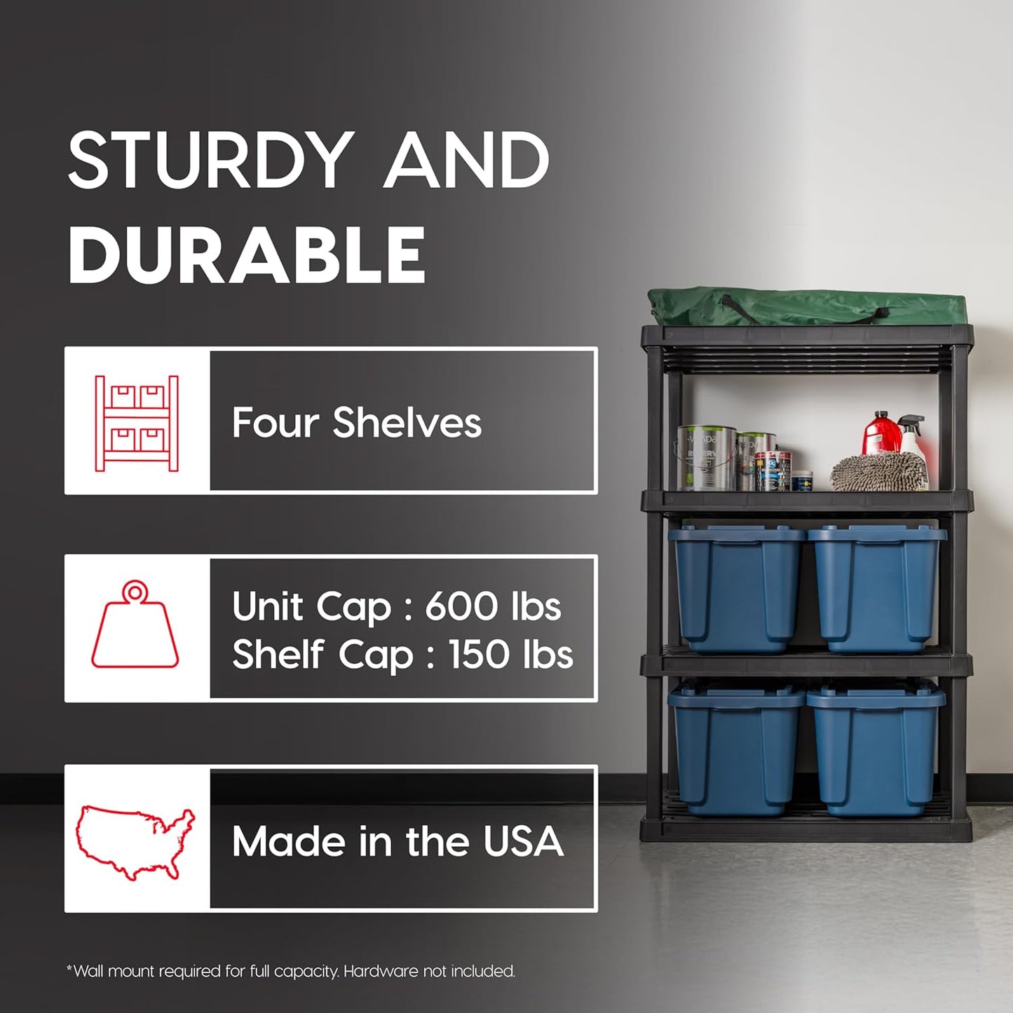 IRIS USA 4-Shelf Heavy Duty Plastic Storage Shelves, 600lb Capacity, 56"H x 36"W x 18"D, Large Modular Shelving Unit Storage Organizer for Garage, Home, Warehouse & Gym, Storage Rack - Black