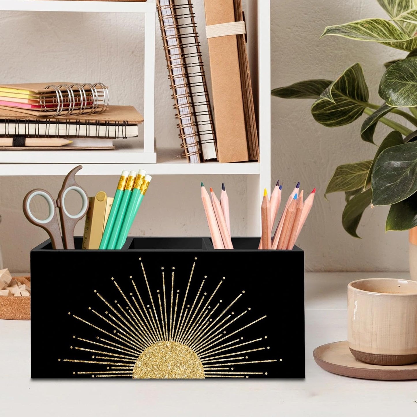 DILSJ Boho Abstract Golden Sunshine Pen Pencil Holder Organizer for Desk, Boho Office Decor, Mid Century Modern Minimalist Abstract Sunshine Wooden Box Signs for Home Office Desk Tabletop Decoration