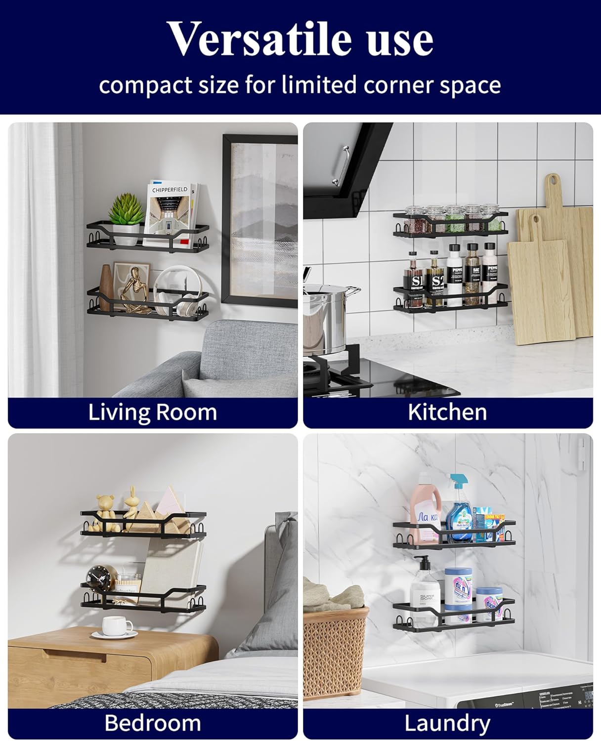 Kitsure Shower Caddy - 2 Pack, No Drilling Shower Organizer with 8 Hooks, Rustproof Stainless Steel Shower Shelf for Inside Shower, Wall Mounted Shower Rack for Bathroom, Kitchen, Black