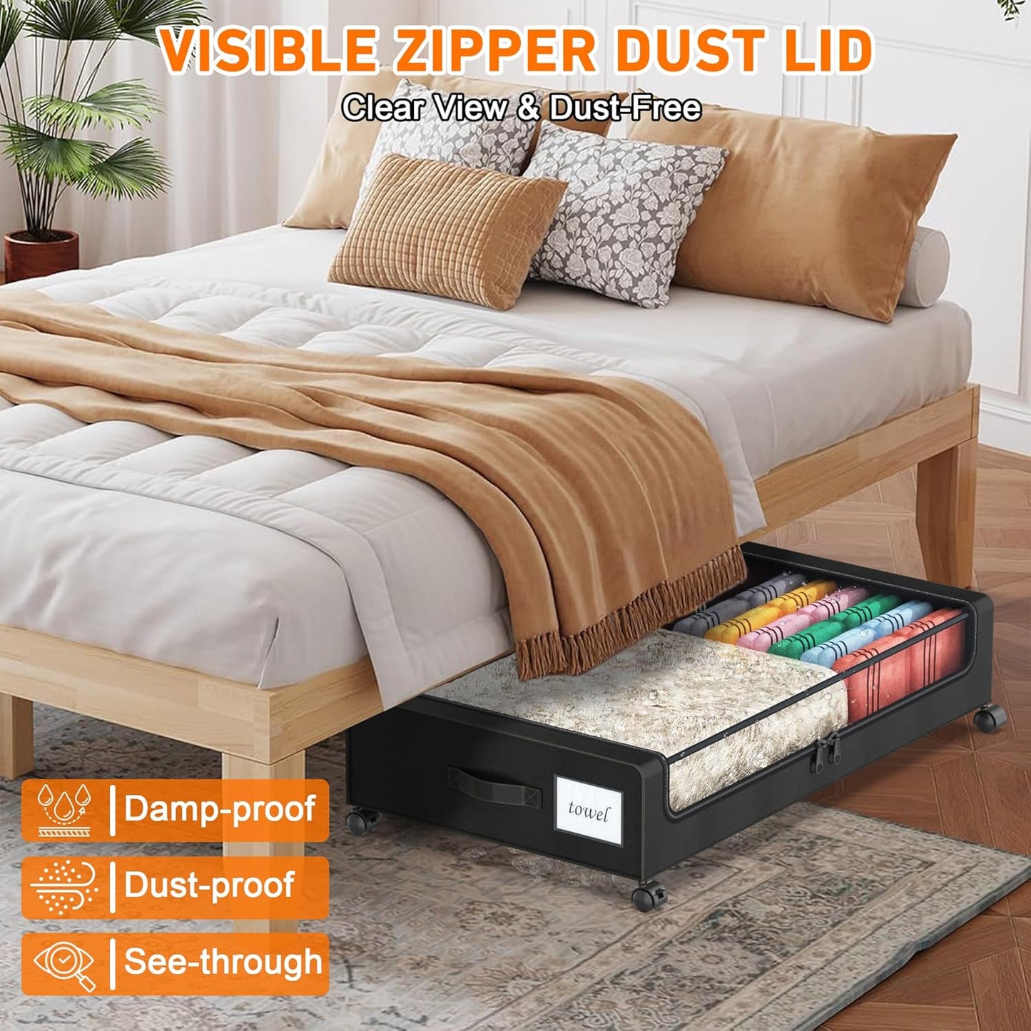 Under Bed Storage with Wheels, 2-Pack Under Bed Storage Containers with Clear Lids, XXL 60L Under the bed storage Organizer Bins, Rolling Under Bed Metal Drawer for Clothes,Shoes,Toys (Black, 2 Pack)