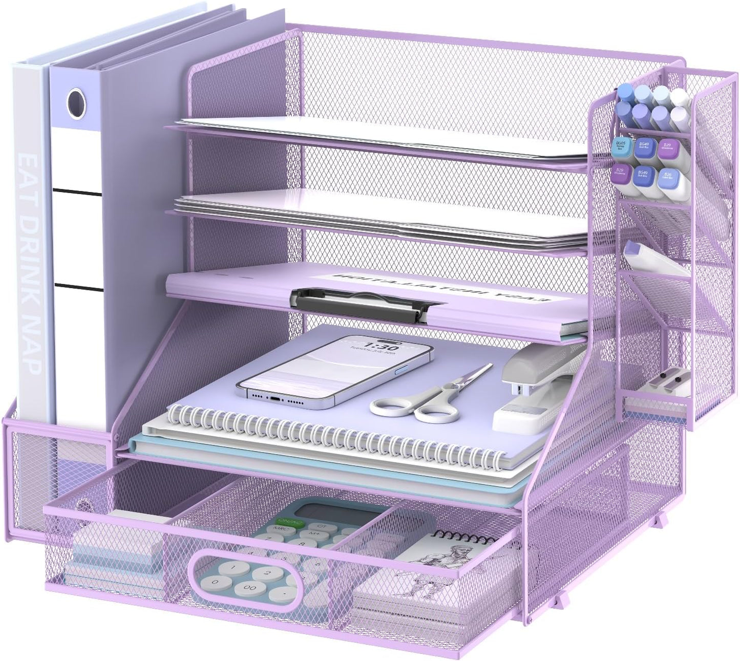 SUPEASY Desk Organizer with File Holder, 5-Tier Mesh Paper Letter Tray Organizer with Pen Holder and Drawer, Desktop Organizer and Storage with 3 Tilted File Sorter for Office Supplies, Purple