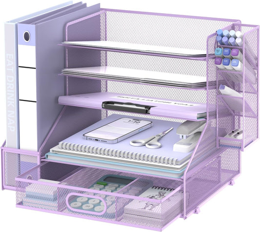SUPEASY Desk Organizer with File Holder, 5-Tier Mesh Paper Letter Tray Organizer with Pen Holder and Drawer, Desktop Organizer and Storage with 3 Tilted File Sorter for Office Supplies, Purple