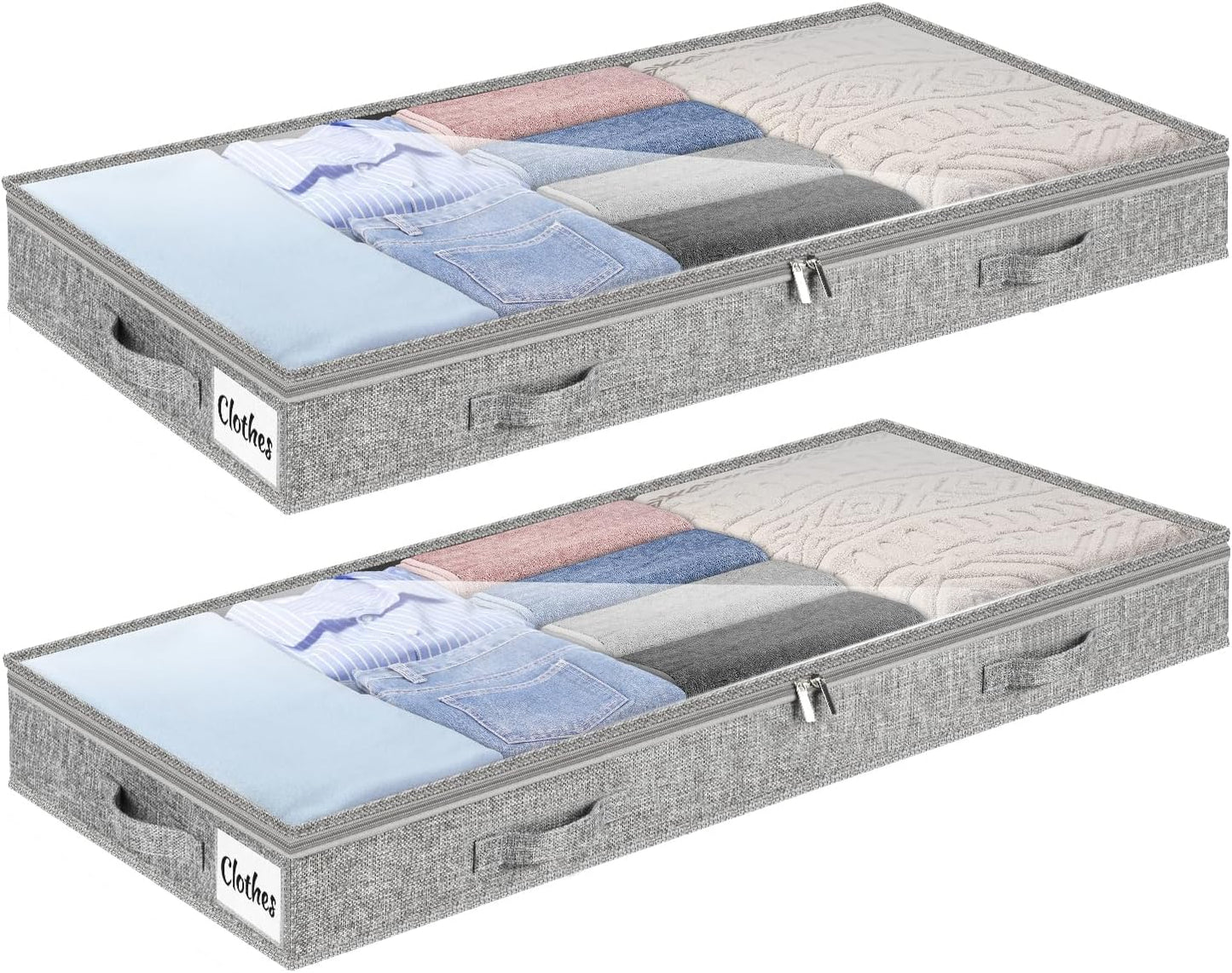 4 Inch Low Profile Under Bed Storage Drawer 2 Pack, Lightweight Underbed Clothes Storage Container Bins with NO STURCTURE, Shallow Storage Bag for Dorm & Home, With Clear Lids and Waterproof Fabric