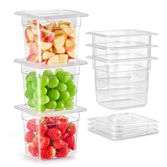 Wilprep 6 Pack Plastic Food Pans with Lids, 1/6 Size 6 in Deep Clear Food Storage Containers, 2.6 qt Stackable Polycarbonate Commercial Hotel Pans for Fruits Vegetables Beans Corns, NSF Listed
